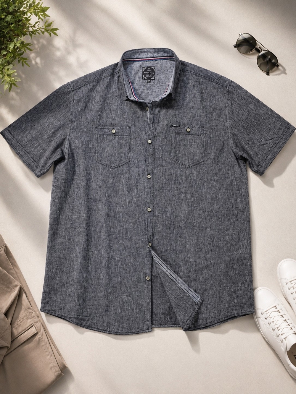 Point Zero Linen Blend Short Sleeve Button-Up Shirt | Men's 2XT | Gray